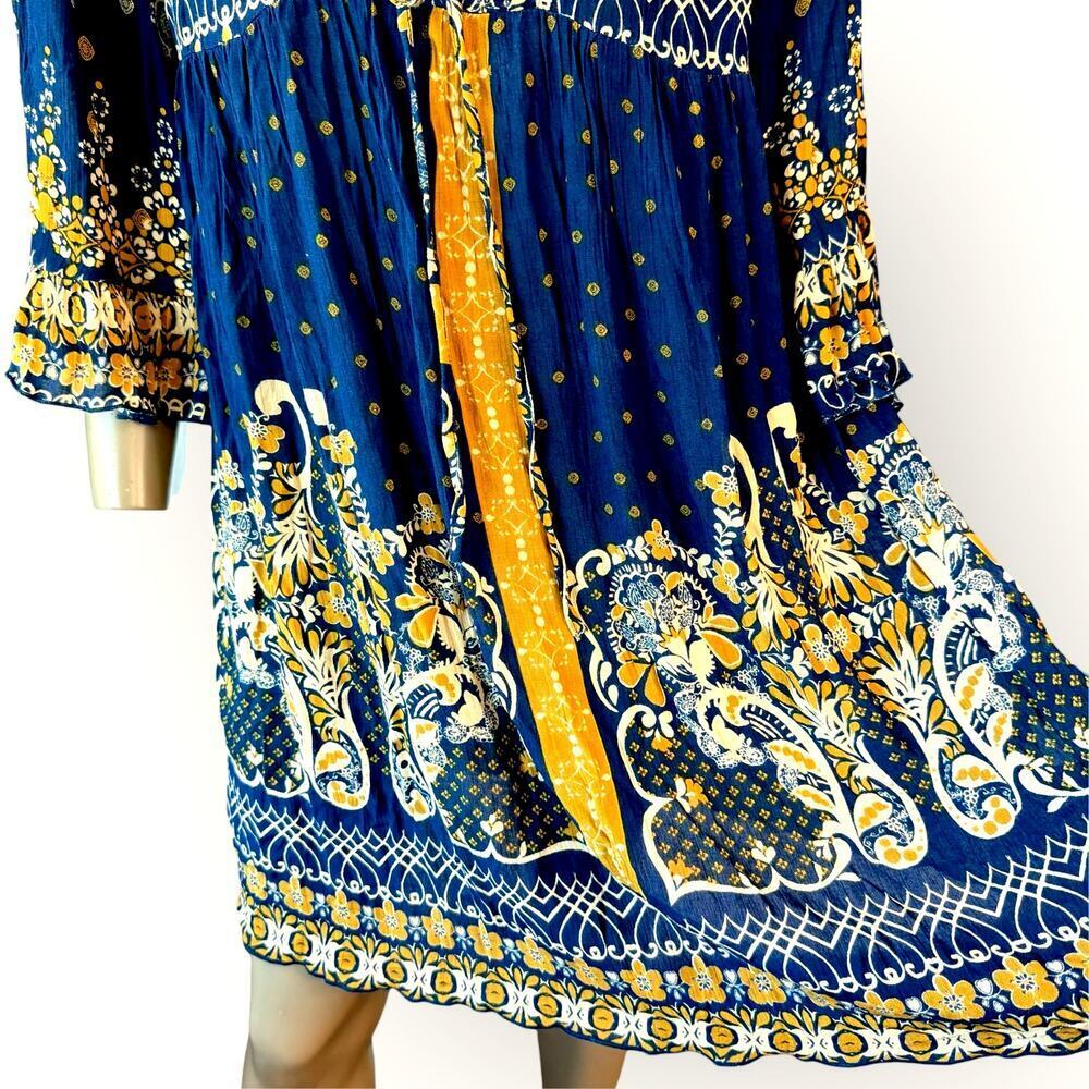 Millenium New Top Blouse Tunic Dress Womens L Bohemian Paisley Navy Gold Peasant - Picture 5 of 12